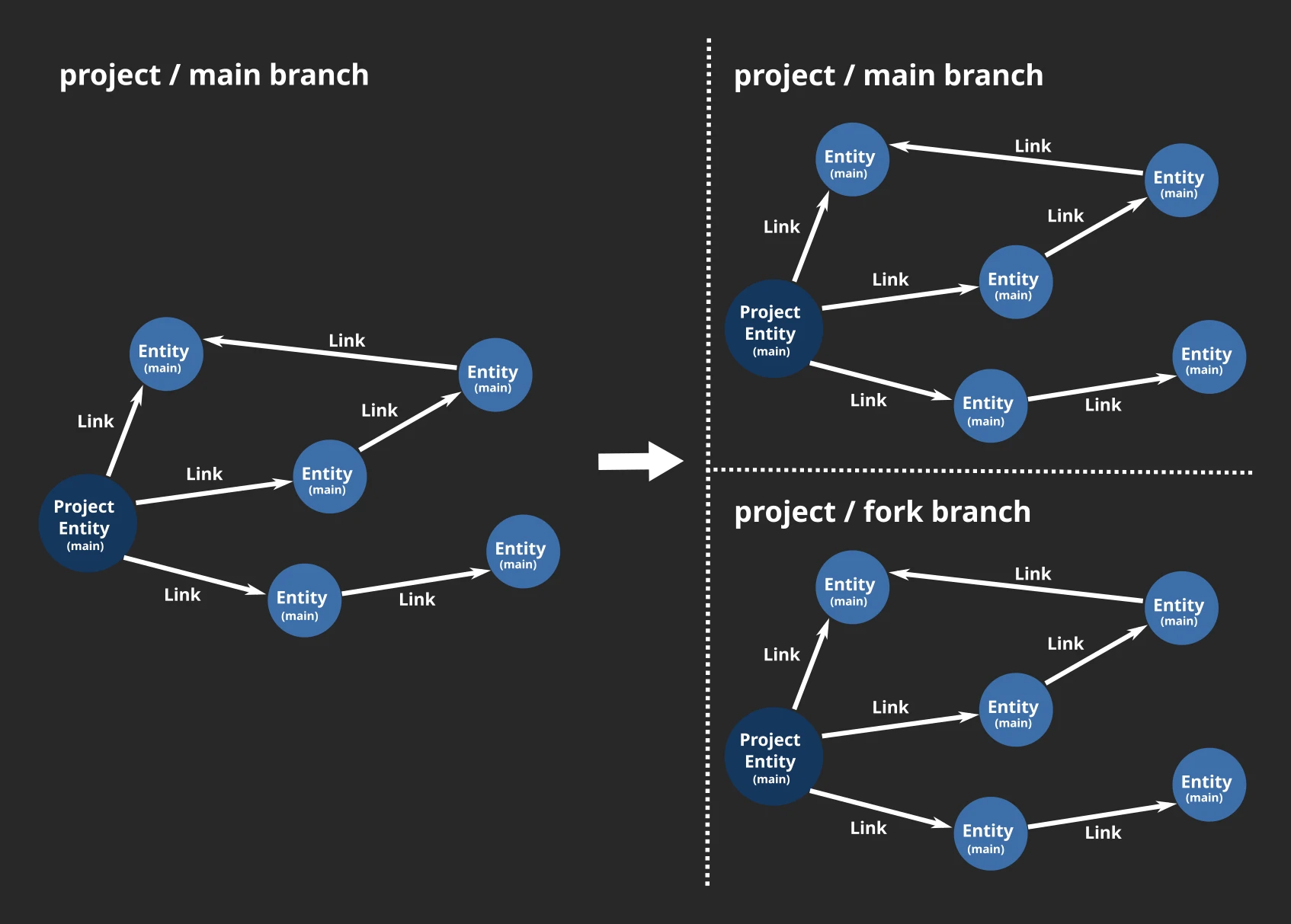 A project graph forked into a new project branch from the main branch