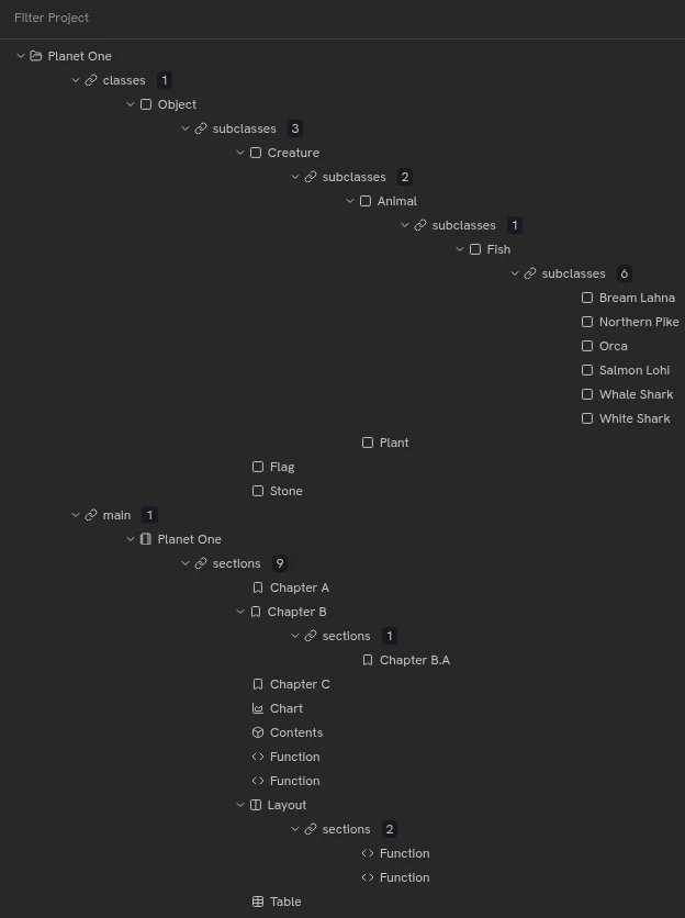 The Tree View showing the project graph as a tree from the root entity