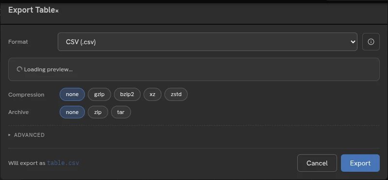 The table export dialog for downloading CSV and Excel files