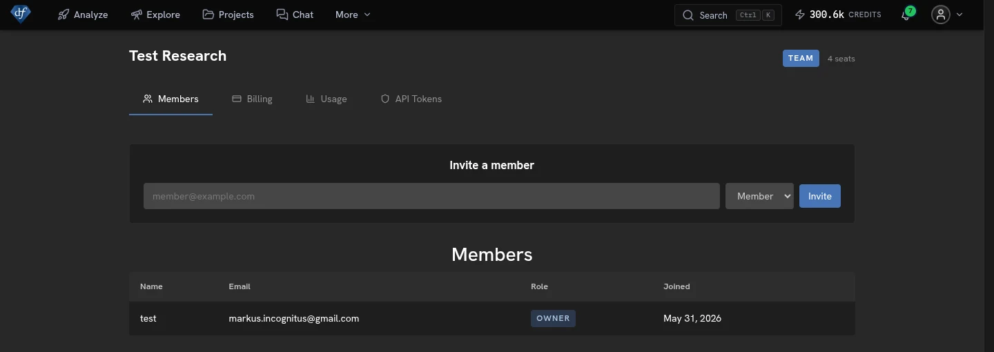 The team page showing the Members tab with the invite form and the member list