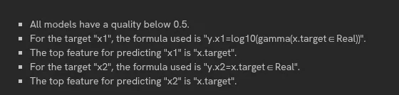 The model chapter showing a formula with its plain-English explanation and top features