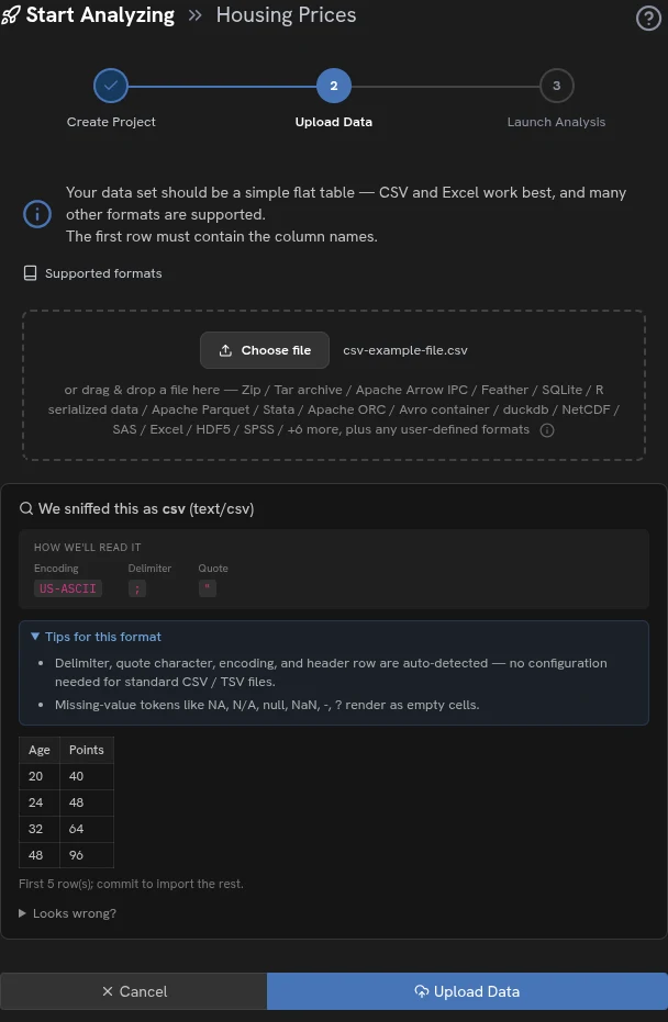 The analysis wizard step for naming a project and uploading data