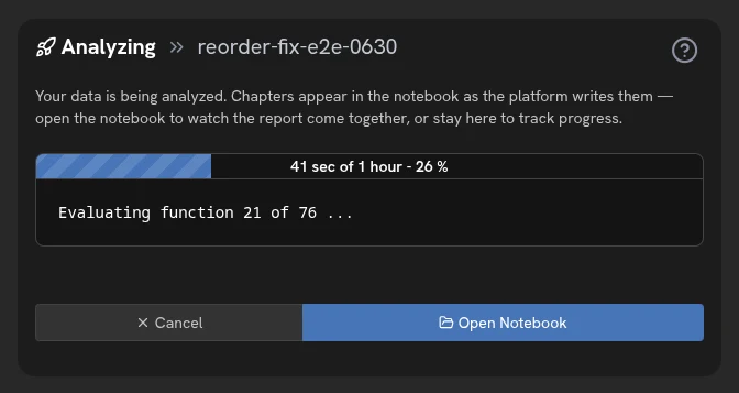 The analysis progress bar showing percentage and elapsed time