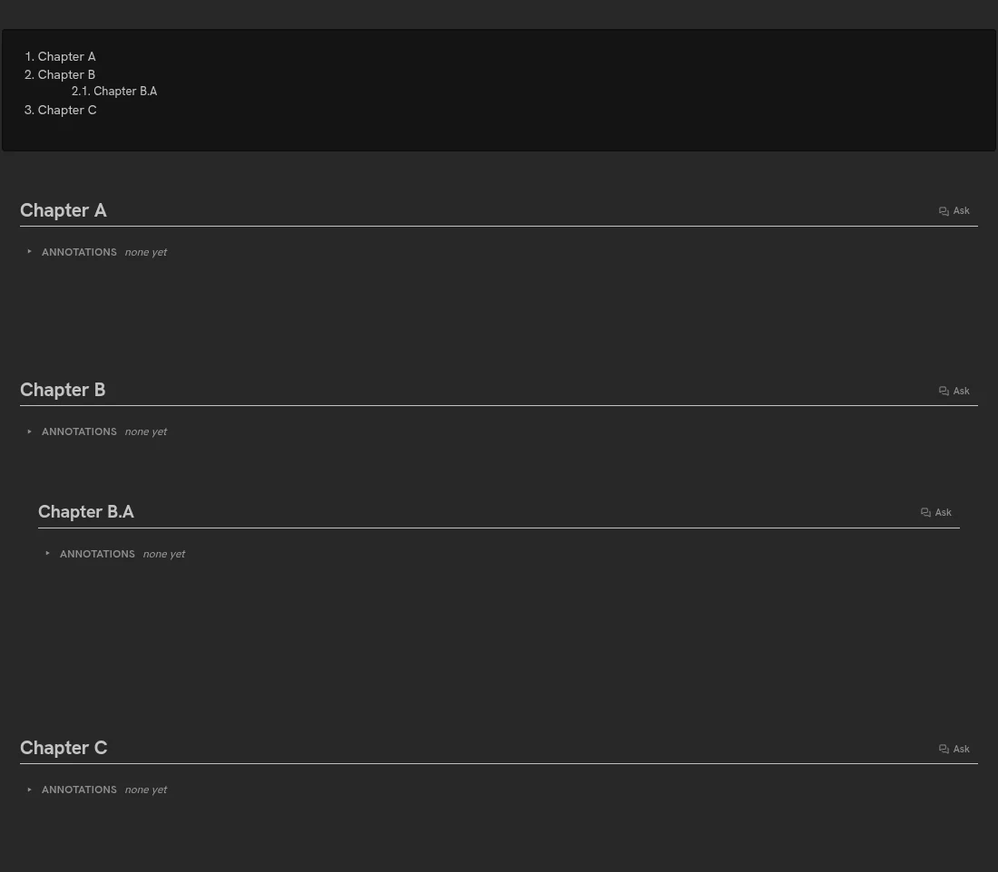 A notebook structured into nested chapters with a table of contents