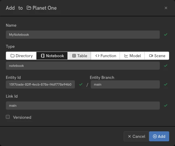 The Add Entity dialog with name, entity type and link id fields