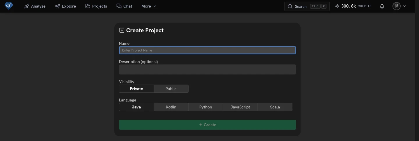 The Create Project form with name, description, visibility and language fields