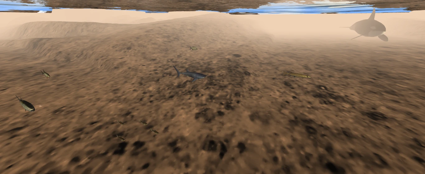 A 3D lake scene with terrain and water surface